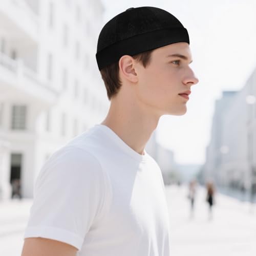Mens Mesh Brimless Cap with No Brim, Summer Docker Cap Beanie Hat Flip Sailor Skullcap Breathable - color: Black 2