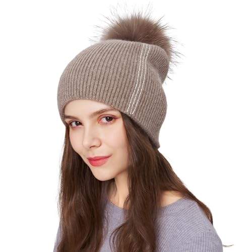 Women's Knitted Angora Wool Hat for Autumn and Winter Warm and Stylish with Rolled Brim and Slanted Rhinestones Cap - color: A-camel