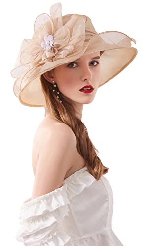 Organza Fascinator Hat - Women’s Wide Brim Church Bridal Tea Party Wedding Hat - color: 02a-lightgold