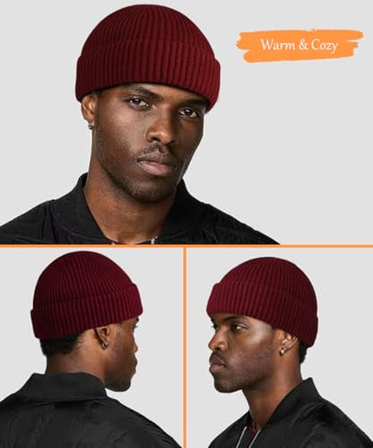 Heniho Wool Fleece Lined Fisherman Beanie for Men, Winter Warm Hats Cuffed Knit Watch Cap Trawler Hat - color: 1pack F- Wine Red
