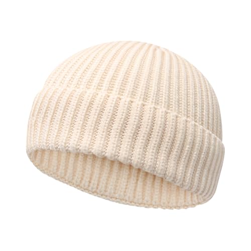 Wool Fisherman Beanies for Men Women Short Cuff Knit Beanie - color: Darkbeige