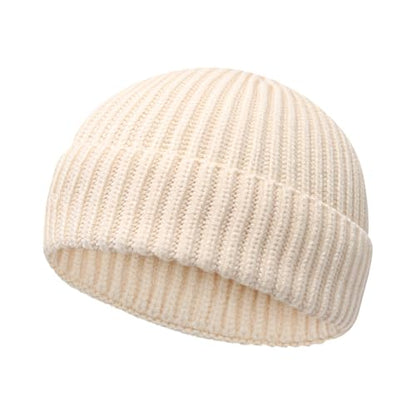 Wool Fisherman Beanies for Men Women Short Cuff Knit Beanie - color: Darkbeige
