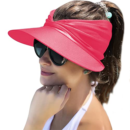 Muryobao Womens Sun Visor Hat Wide Brim Summer UPF 50+ UV Protection Beach Sport Cap - color: Rose Red