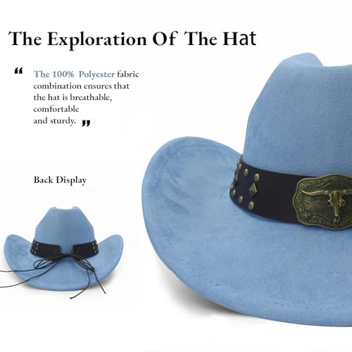 LIDHAY Cowboy Hat for Women Men with Shapeable Wide Brim Western Suede Hat for Cowboys and Cowgirls - color: Light Blue