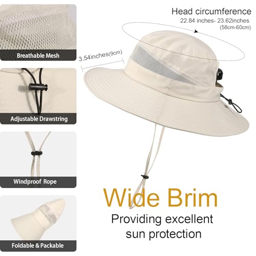 Bucket Sun Hat for Women Wide Brim Breathable Mesh UPF50+ Safari Hat Criss Cross Ponytail Hole Outdoor Rain Hat - color: Beige