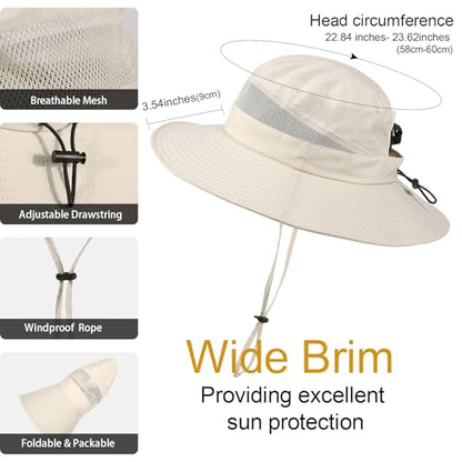 Bucket Sun Hat for Women Wide Brim Breathable Mesh UPF50+ Safari Hat Criss Cross Ponytail Hole Outdoor Rain Hat - color: Beige