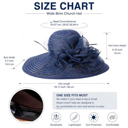 Wide Brim Church Hat for Women with Organza Flower Accent Ladies Dress Hat - color: Navy