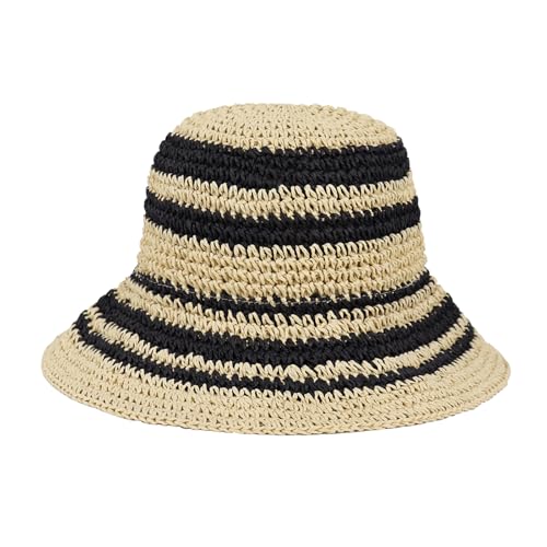 Women Hand-Woven Sun Hat UV Protection Crochet Straw Wide Brim Beach Hat Summer Foldable Bucket Hat Beige/Black