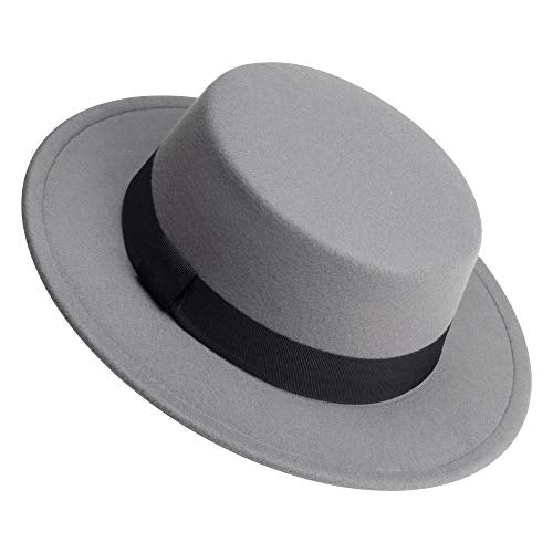 Classic Fedora Hat Flat Top Hat Felt Pork Pie Hat Wide Brim Church Derby Cap for Women and Men - color: Grey