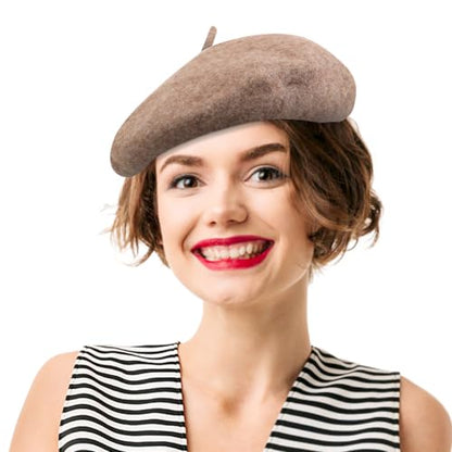 French Beret Hats for Women - Soft Warm Wool Solid Color Beanie Winter Cap - color: Dark Melange Grey