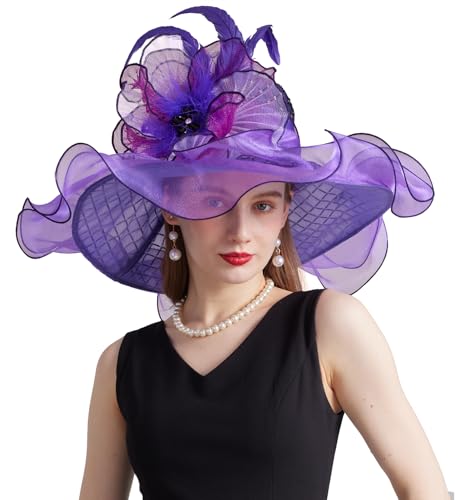 ORIDOOR Women Organza Fascinator Church Derby Hat Floral Tea Party Wedding Hat - color: B1 Purple