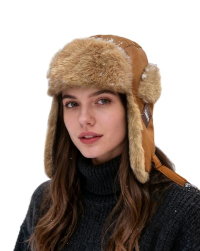 CLAPE Winter Windproof Warm Faux Fur Trapper Hat w/Ear Flaps Men Waterproof Russian Ushanka Hunting Hat for Cold Weather - color: Pl2406-camel