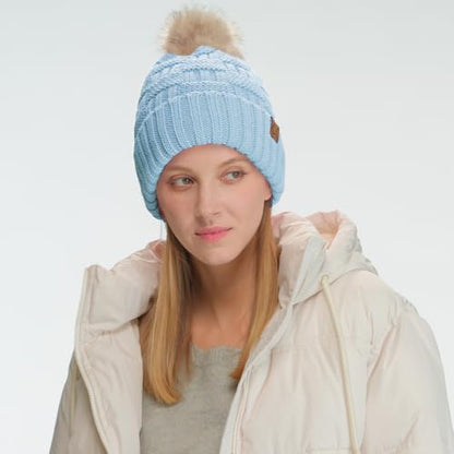 C.C Knit Beanie Hat – Fuzzy Fleece Lined Warm Winter Hat, Faux Fur Pom Soft Stretchy Slouchy Knit Cap, Cold Weather Beanie - color: Sky Blue