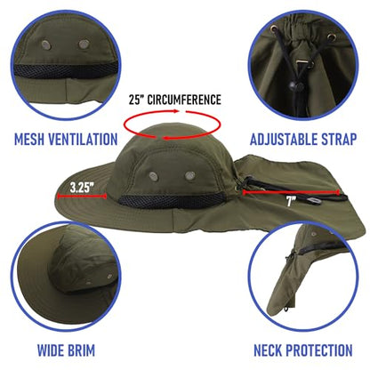 Falari Outdoor Sun Hat, Wide Brim with Neck Flap, Safari Hiking Gardening Fishing Hat - color: Army Green