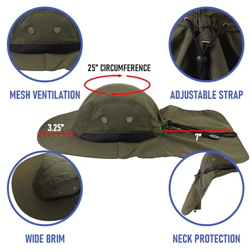 Falari Outdoor Sun Hat, Wide Brim with Neck Flap, Safari Hiking Gardening Fishing Hat - color: Army Green