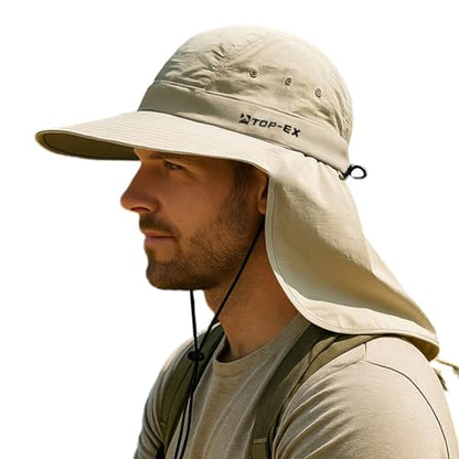 TOP-EX UPF 50+ Cooling Wide Brim Sun Hat for Men with Neck Flap, Packable - color: Light Khaki, size: Medium