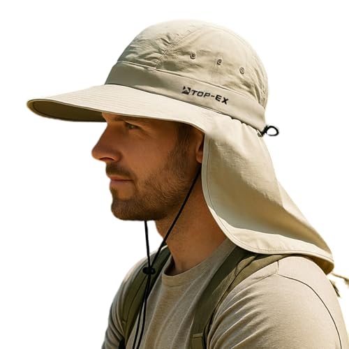 TOP-EX UPF 50+ Cooling Wide Brim Sun Hat for Men with Neck Flap, Packable - color: Light Khaki, size: Medium