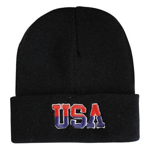 American Flag Beanie, USA Embroidered Winter Hat for Women Men - color: Usa-black