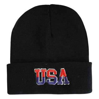 American Flag Beanie, USA Embroidered Winter Hat for Women Men - color: Usa-black