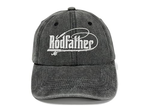 Fishing Baseball Cap for Men Women, Adjustable Embroidered Fish Hat - color: Rod Father (Washed Black)