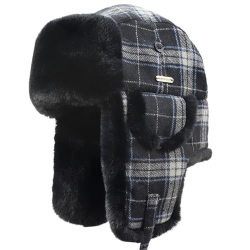 Unisex Winter Trapper Hat Cold Proof Keep Warm Hat with Ear Flaps for Hunting Skiing Trooper Outdoor Activities - color: Dark Plaid Series-black, size: Large-X-Large