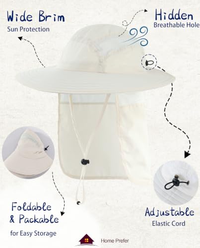 Home Prefer UPF 50+ Sun Hat with Neck Flap Wide Brim Fishing Hat for Men - color: Ivory