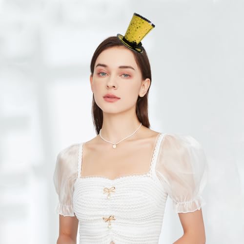 WLBON Halloween Mini Top Hat Headband 1920s Bow Sequins Hair Hoops Bands Fascinator Headpiece Hairband Women Christmas Holiday Festival Parade Cosplay Dress Up Birthday Tea Party Accessories Golden - color: Golden Tone