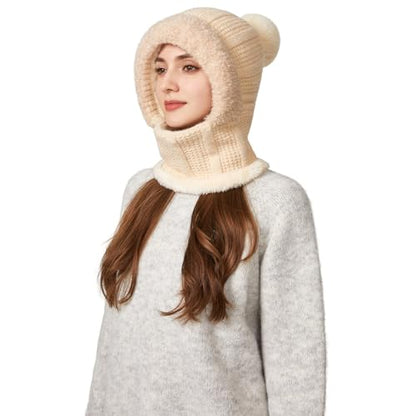 HUAMULAN Women Cable Knit Balaclavas Winter Fleece Lined Beanie Hat - color: Solid Beige