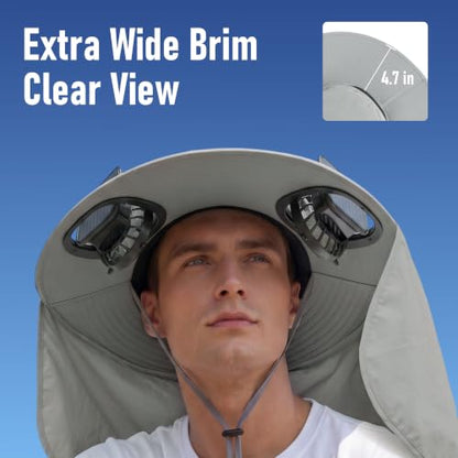 2 in 1 Wide Brim Sun Hat with 2 Solar Fans Sunshade UPF 50+ Garden Outdoor Fishing Beach Essential - color: Deep Grey