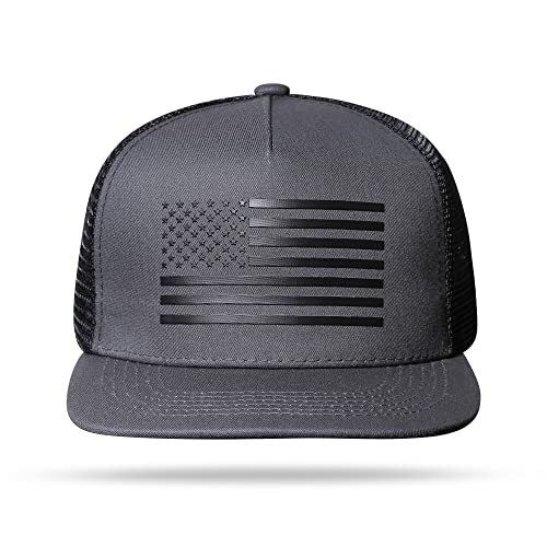 UALON Baseball Cap, Snapback Trucker Hat for Men & Women with American Flag and Adjustable, Breathable Mesh, Flat Bill Hats - color: Dark Gray/Black