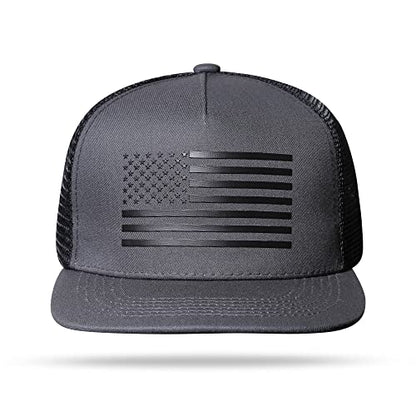 UALON Baseball Cap, Snapback Trucker Hat for Men & Women with American Flag and Adjustable, Breathable Mesh, Flat Bill Hats - color: Dark Gray/Black