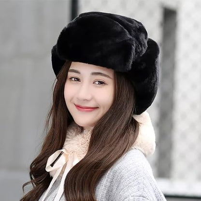 Womens Faux Fur Fuzzy Trapper Hat Winter Ear Flap Trooper Aviator Hat - color: Black