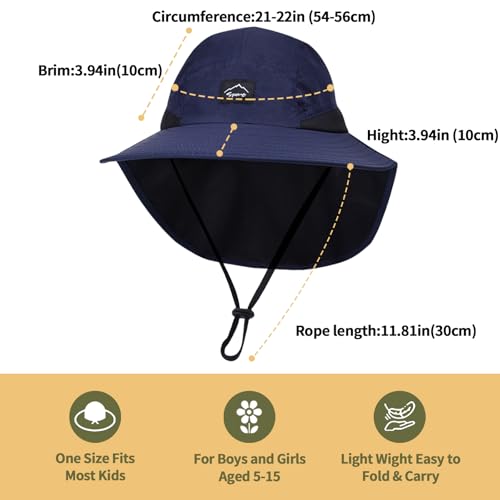 ZOORON Kids Sun Hat with Neck Flap Beach Fishing Bucket for Boys Girls - color: Navy Blue