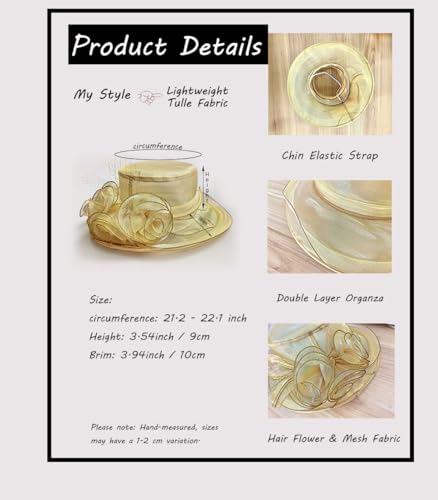 Women's Kentucky Derby Church Dress Hat Wide Brim Leaf Flower Bridal Shower Hat - color: A1 Gold