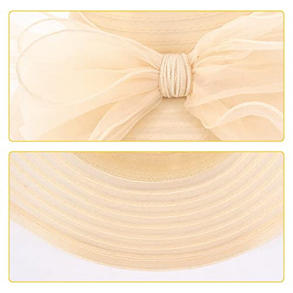 Haoohu Women's Church Derby Hat Wide Brim Bow Bucket Hat Wedding Dress Hat Fascinator Bridal Tea Party Hat - color: Beige