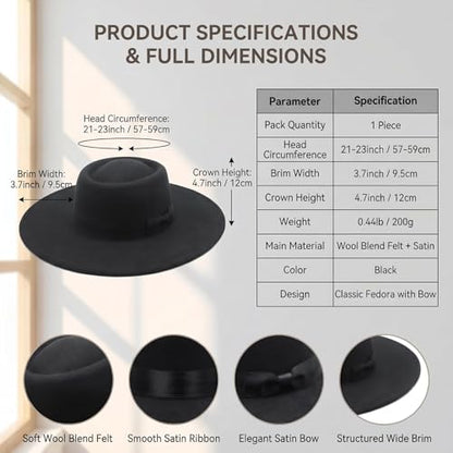Black Wide Brim Fedora Hat Satin Bow Flat Top Wedding Cap for Women
