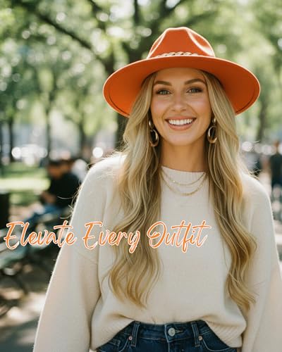 Men & Women Wide Brim Fedora Hat with Chain Buckle - color: Chain Belt-orange