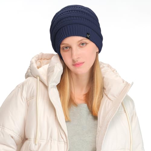 C.C Beanie Oversized Hat with Fuzzy Lining – Thick Knit Thermal Beanie for Cold Weather, Soft Warm Fleece Lined Cap - color: Navy Blue