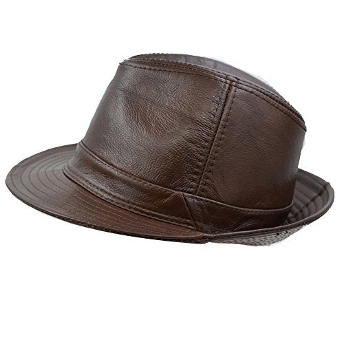 Men & Women's Cowhide Jazz Hat Short Brim Leather Fedora Hat - color: Brown, size: Medium