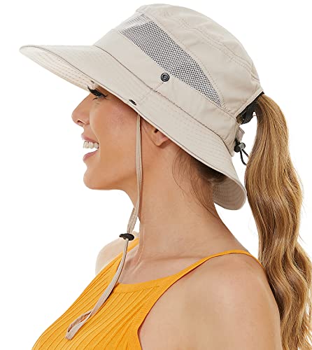 EW East Water Sun Beach Hat for Women, UPF50+ Waterproof with Ponytail Hole - color: Beige