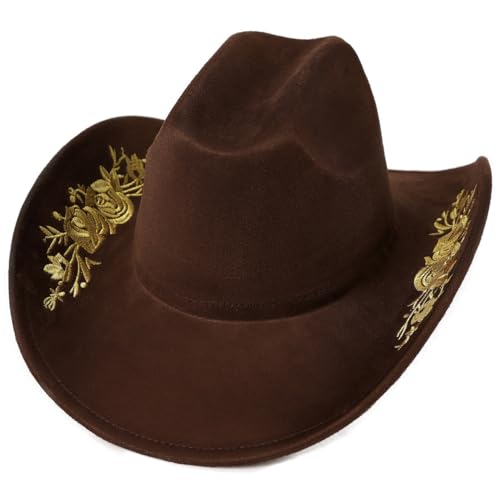 Felt Hats for Cowboys and Cowgirl Unisex Classic Rolled up Caps Yellow Embroidery with Chin Strap - color: Brown