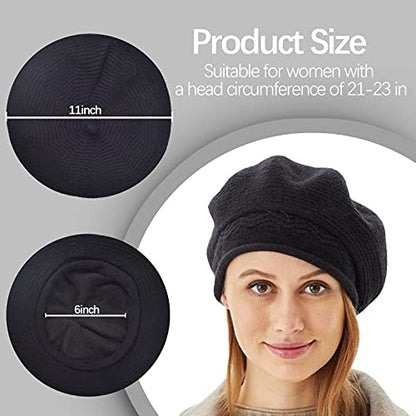 FENELY Beret Hat for Women, French Style Beanie Winter Fashion Warm Thickened Lining Knit Cap - color: Black