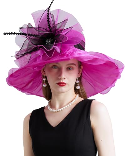 Women Organza Derby Hat Fascinator Tea Party Wedding Church Derby Hat Fascinator Hats Dual-use - color: 02a Rose Red