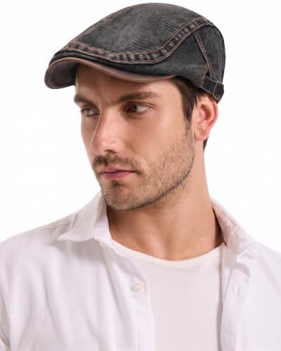 ZLYC Men Cotton Flat Cap Summer Scally Newsboy Beret Driver Hat - color: Denim Black