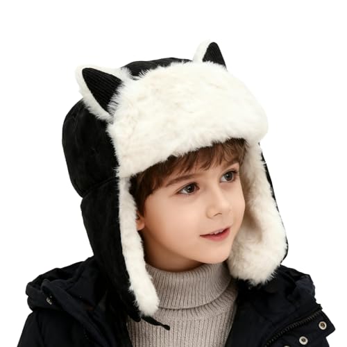 PURFUN Kids Fuzzy Faux Fur Trapper Hats with Cat Ear, Girls Boys Windproof Cozy Earflap Hats Ushanka Ski Caps for 3-8 Yrs - color: Black
