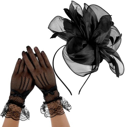 Sibba Tea Party Hat with Lace Gloves 1920s Vintage Fascinator Hats Black