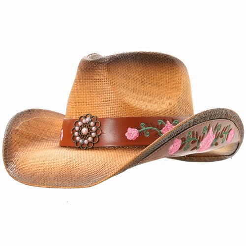 grinderPUNCH Straw Cowboy Hat for Men Women Western Cowgirl Outback Sun Hat - color: Leather