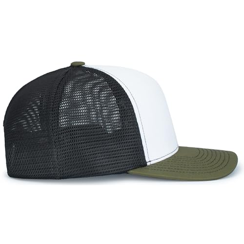 Pacific Headwear Contrast Stitch Trucker Pacflex Snapback Cap - color: White/Light Charcoal/Moss