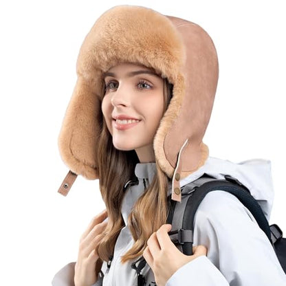 Women Winter Trapper Hat Ushanka Warm Sherpa Beanie Knit Ear Flap - color: Khaki