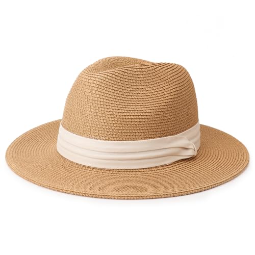 AQOKKA Summer Straw Fedora Hat for Women Men Travel Panama Hat with Wide Brim Roll Up Sun Hat for Beach Outdoor UPF 50+ - color: 1 Pack: Khaki （beige）
